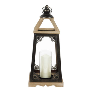 Antiqued Wood and Metal Candle Lantern  with LED Candle, 17 Inch | Shop Garden Decor by Exhart