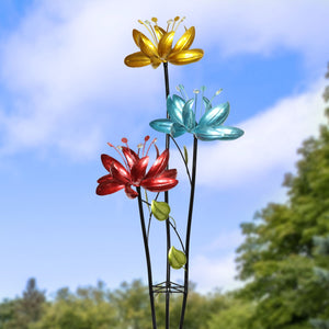 Flower Wind Spinner Garden Stake with Three Metallic Flowers, 17 by 53 Inches | Shop Garden Decor by Exhart