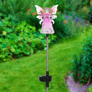 Solar Acrylic Angel with Wings and Twelve LED lights Metal Garden Stake in Pink, 4 by 34 Inches | Shop Garden Decor by Exhart