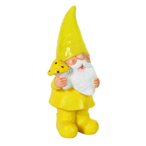 Solar Yellow Yokum Woodland Gnome with a Mushroom Garden Statue, 11 Inch | Shop Garden Decor by Exhart