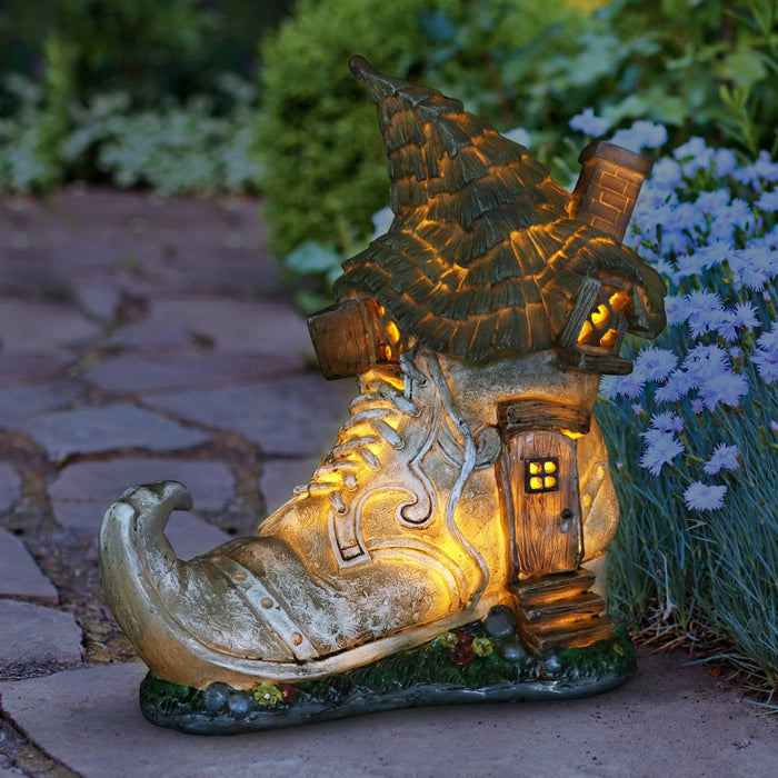 Solar Old Lady Shoe House Garden Statue, 10 Inch