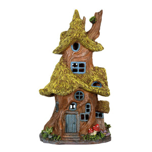 Solar Thatch Roof Fairy Tree House Garden Statue, 13 Inch | Shop Garden Decor by Exhart