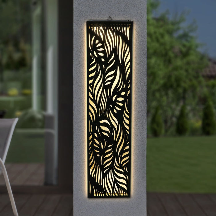 Solar Matte Black Metal Filigree Wall Art with Leaf Pattern, 8 x 33 Inches