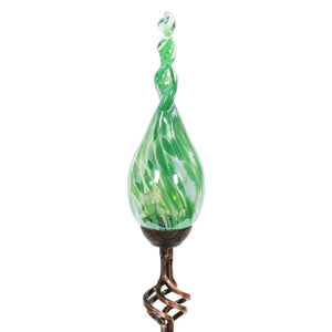 Solar Pearlized Hand Blown Green Glass Twisted Flame Garden Stake with Metal Finial Detail, 36 Inch | Exhart