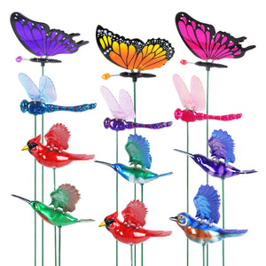 12 Piece 4" WindyWings Plant Stake Assortment in Hummingbird, Butterfly, Dragonfly, Song Bird, 6.5 x 4 x 15.5 Inches | Exhart
