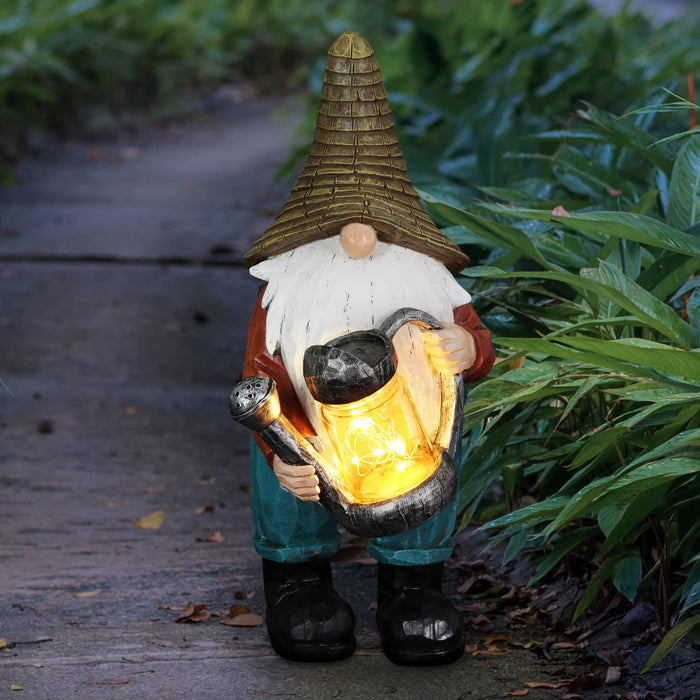 Solar Garden Gnome with LED Firefly Watering Can Statuary, 5 by 12.5 Inch