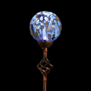 Solar Pearlized Honeycomb Glass Ball Garden Stake with Metal Finial in Light Blue, 4 by 31 Inches | Exhart