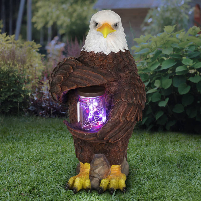 Solar Eagle Garden Statue Holding a Glass Jar with 9 Red White and Blue LED Firefly String Lights, 7.5 x 12.5 Inch