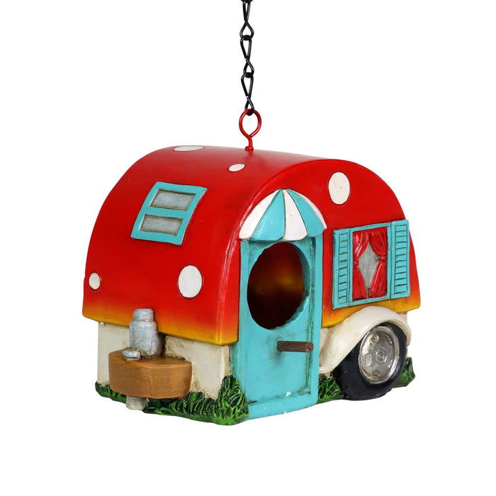 Hand Painted Red and Blue Hanging Camping Trailer Resin Bird House, 5.5 by 6 Inches