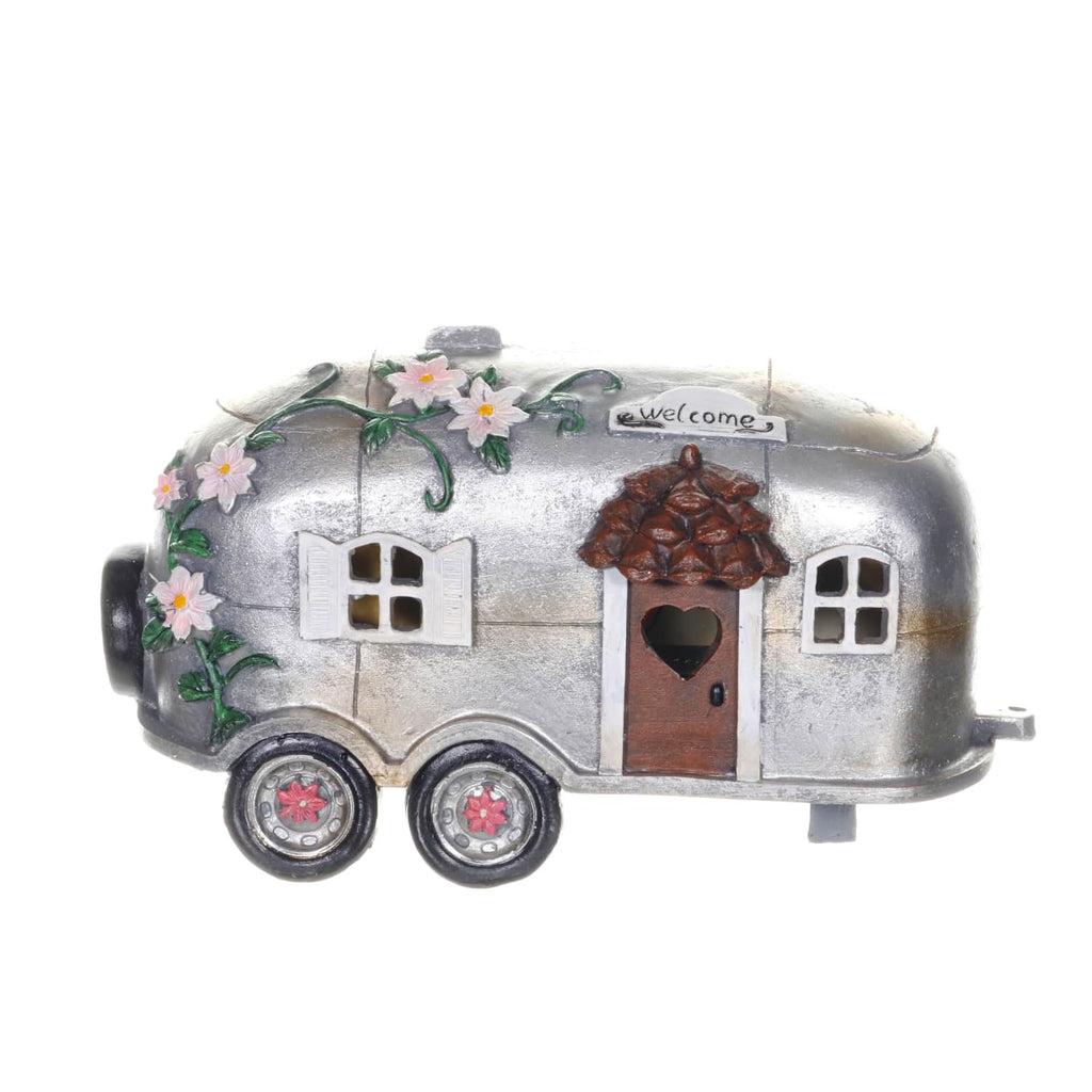 Solar Silver Camping Trailer Garden Statue, 6 Inch