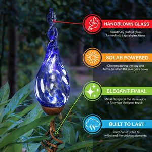 Solar Hand Blown Pearlized Blue Glass Twisted Flame Garden Stake with Finial, 36 Inch | Shop Garden Decor by Exhart