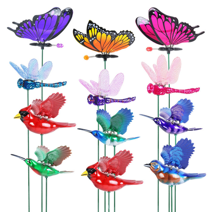 12 Piece 4" WindyWings Plant Stake Assortment in Hummingbird, Butterfly, Dragonfly, Song Bird, 6.5 x 4 x 15.5 Inches
