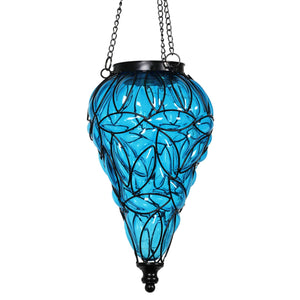 Solar Tear Shaped Glass and Metal Hanging Lantern in Blue with 15 Cool White LED Firefly String Lights, 7 by 24 Inches | Exhart