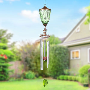 Solar Metal Wire and Glass Wind Chime in Green with Looping Pattern and Nine LED Fairy Firefly String Lights, 6  by 32 Inches | Exhart