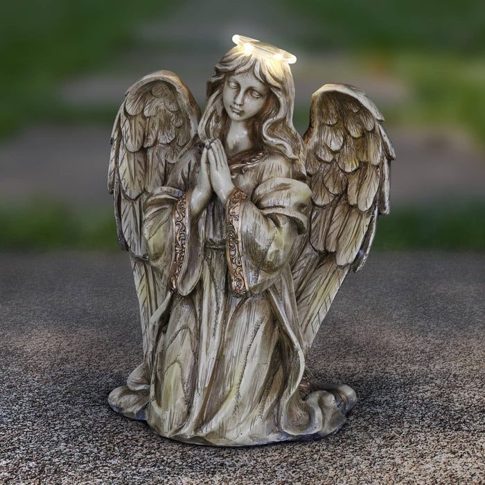 LED Halo Angel Statue, Battery Powered on Timer in Natural Resin Finish, 14 Inch