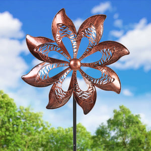 Double Pinwheel Kinetic Bronze Metal Spinner Stake, 18 by 70 Inches | Shop Garden Decor by Exhart