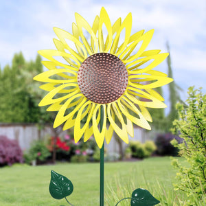 Giant Metal Kinetic Yellow Sunflower Dual Spinning Garden Stake, 24 by 84 Inches | Shop Garden Decor by Exhart