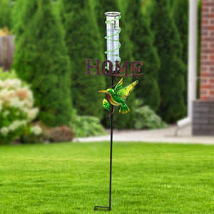 Solar Green Hummingbird Rain Gauge Garden Stake reads HOME, 12.5 by 31.5 Inches | Shop Garden Decor by Exhart