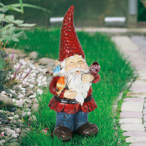 Solar Bird Whispering Waldo Gnome Statue with LED Birds, 11.75 Inch | Shop Garden Decor by Exhart