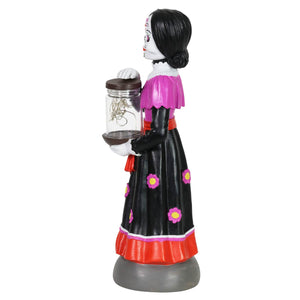 Day of the Dead Woman with LED Sparkle Light Jar and Battery Powered Automatic Timer, 13 Inches tall | Exhart