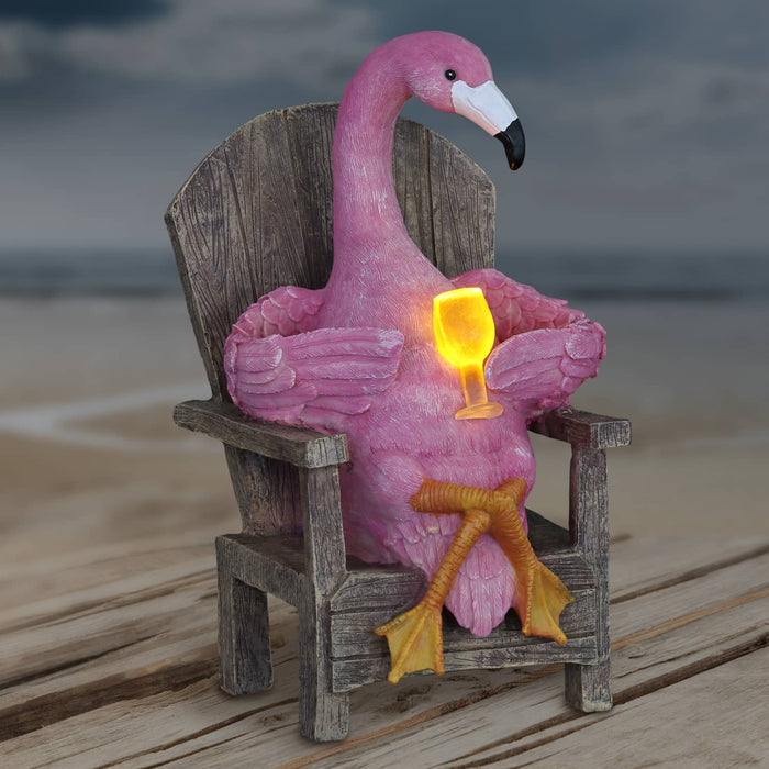 Solar Flamingo with a LED Cocktail in a Lounge Chair Garden Statue, 12 Inch