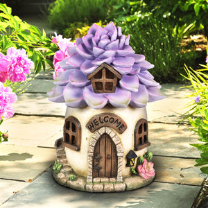 Solar Hand Painted Fairy House Garden Statue, Welcome Sign and Purple Succulent Petal Roof, 7 by 9 Inches | Exhart