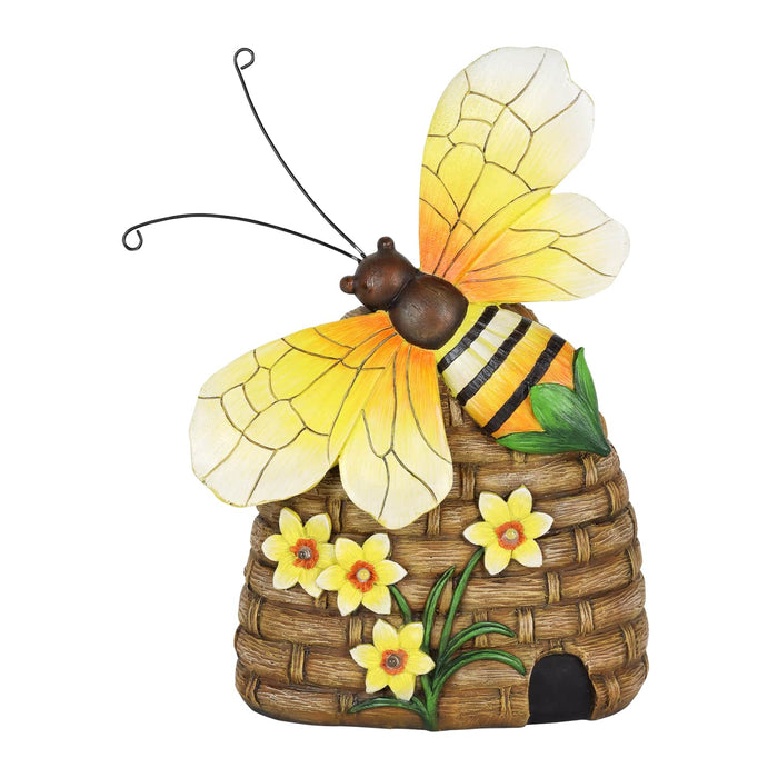 Solar Hand Painted Bee Hive Statuary with LED Flowers, 9 by 12.5 Inch