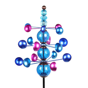 Three Tier Wind Spinner Garden Stake with Glass Crackle Balls in Blue, 14 by 48 Inches | Shop Garden Decor by Exhart