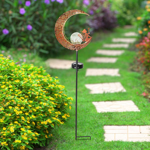 Solar Filigree Metal Moon Stake with Glass Crackle Ball Center in Bronze, 7 by 39 Inches | Shop Garden Decor by Exhart