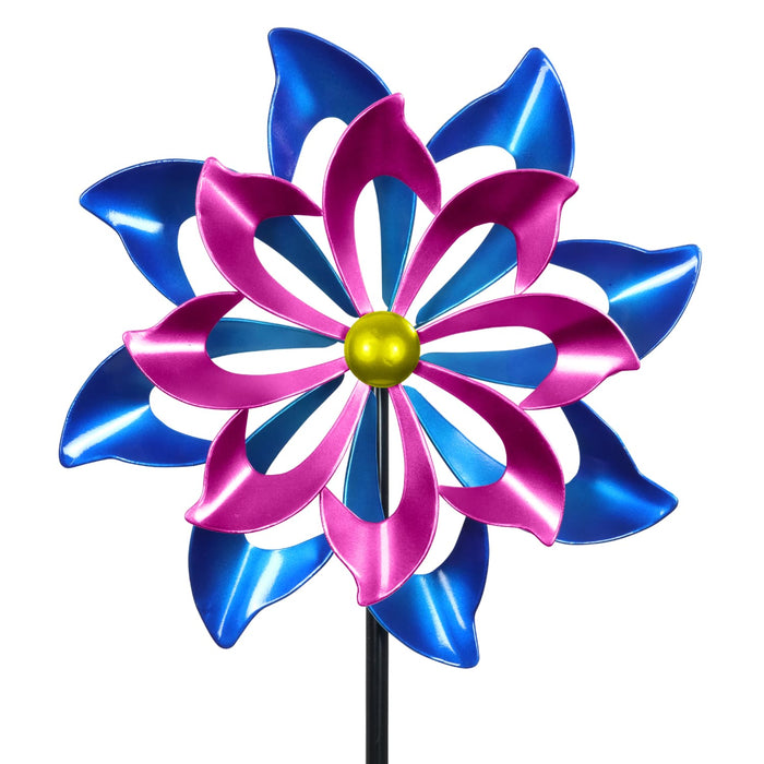 Double Metal Pinwheel Garden Kinetic Spinner Stake in Blue and Purple, 18 by 69.5 Inches Tall