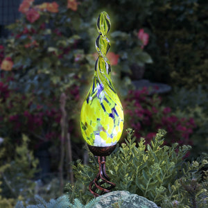 Solar Hand Blown Yellow Glass Twisted Flame Garden Stake with Metal Finial Detail, 36 Inch | Shop Garden Decor by Exhart
