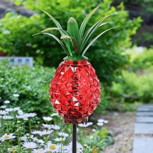 Solar Red Textured Glass Pineapple Garden Stake With Hand Painted Metal Leaf Crown, 4 by 29 Inches | Exhart