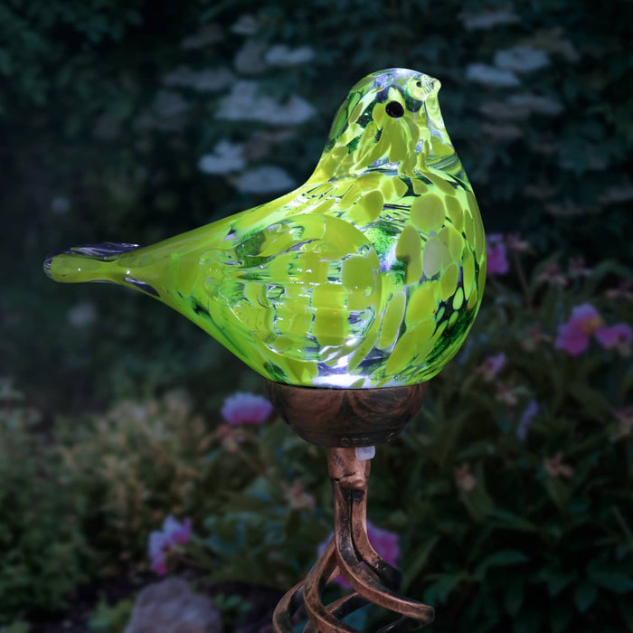 Solar Hand Blown Glass Bird Garden Stake in Yellow, 6 by 31 Inches