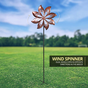 Double Pinwheel Kinetic Bronze Metal Spinner Stake, 18 by 70 Inches | Shop Garden Decor by Exhart