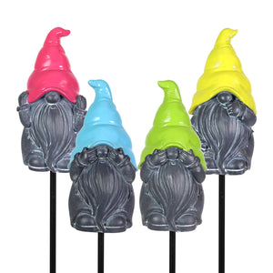4 Piece Grey Gnomes with Colorful Hats Plant Stake Assortment in Blue, Green, Pink and Yellow,  3 by 16 Inch | Exhart