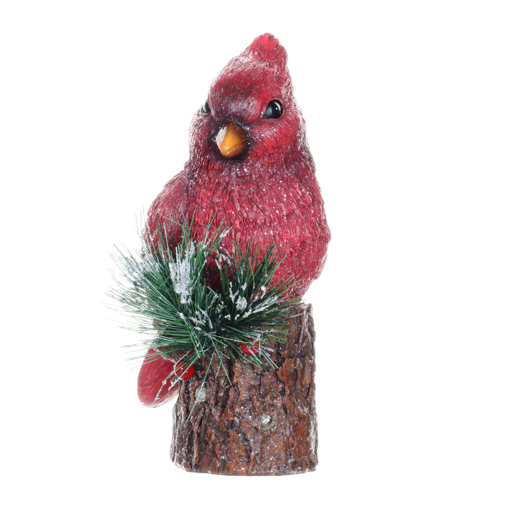 Two Piece Hand Painted Christmas Cardinal Statues with LED lights on a Battery Powered Timer, 8 Inch