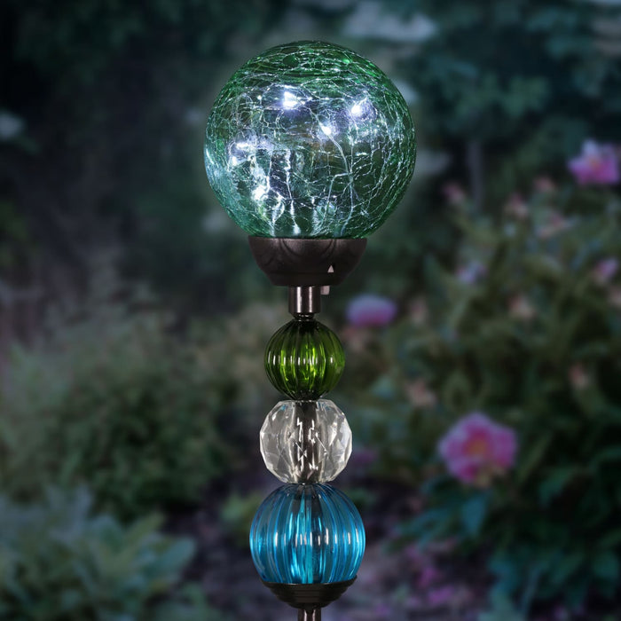 Solar Green Crackle Glass Ball Garden Stake with Six LED lights and Bead Details, 4 by 30 Inches