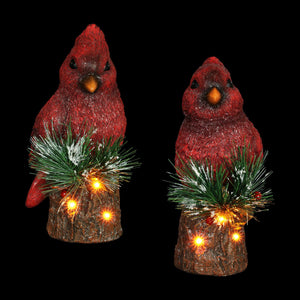 Two Piece Hand Painted Christmas Cardinal Statues with LED lights on a Battery Powered Timer, 8 Inch | Exhart