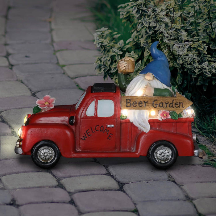 Solar Hand Painted Gnome on a Beer Garden Red Truck Statue, 10 by 7 Inches
