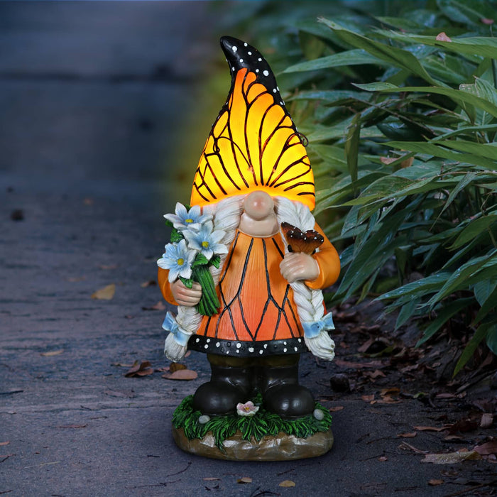 Solar Monarch Butterfly Hat Standing Girl Gnome Statue, 6 by 12.5 Inches