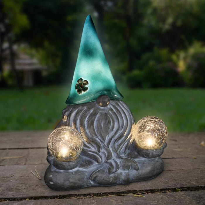 Good Time Solar Gnamaste Meditating Yoga Gnome Statue in Grey with Glass LED Crackle Balls, 11 Inch