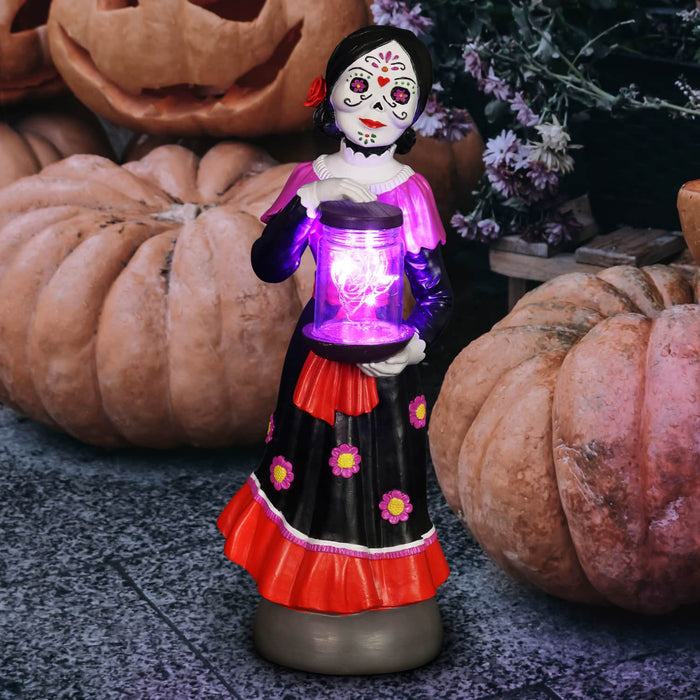 Day of the Dead Woman with LED Sparkle Light Jar and Battery Powered Automatic Timer, 13 Inches tall