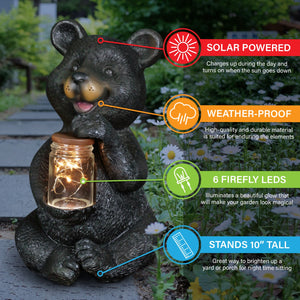 Solar Bear Garden Statue Holding Glass Jar with Eight LED Firefly String Lights, 6 by 10 Inches | Shop Garden Decor by Exhart