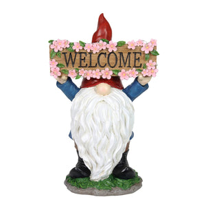Solar Hand Painted Gnome with a Pink Flowered Welcome Sign Garden Statue, 7 by 11.5 Inches | Shop Garden Decor by Exhart