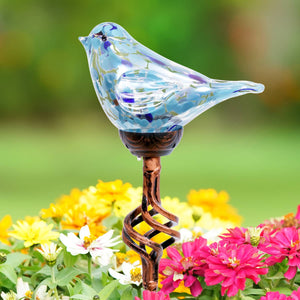 Solar Pearlized Hand Blown Glass Bird Garden Stake in Teal, 6 by 31 Inches | Shop Garden Decor by Exhart