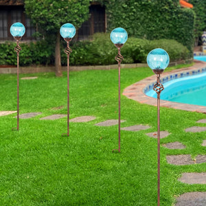 Solar Blue Crackle Glass Ball Garden Stake with Metal Finial Detail, 4 by 31 Inches | Shop Garden Decor by Exhart