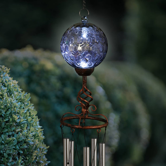 Solar Pearlized Honeycomb Glass Ball Wind Chime with Metal Finial Detail, 5 by 46 Inches