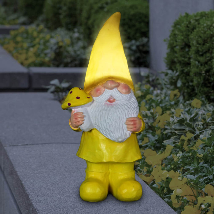 Solar Yellow Yokum Woodland Gnome with a Mushroom Garden Statue, 11 Inch