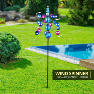 Three Tier Wind Spinner Garden Stake with Glass Crackle Balls in Blue, 14 by 48 Inches | Shop Garden Decor by Exhart