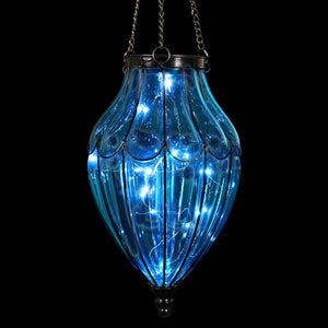 Solar Blue Glass Hanging Lantern with Waving Metal Pattern, 7.5 by 25 Inches | Shop Garden Decor by Exhart